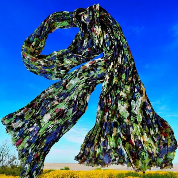 Ann Taylor Oblong Scarf Multi-Color Raw Fringe Rayon + Wool Watercolor 72" - Picture 15 of 15